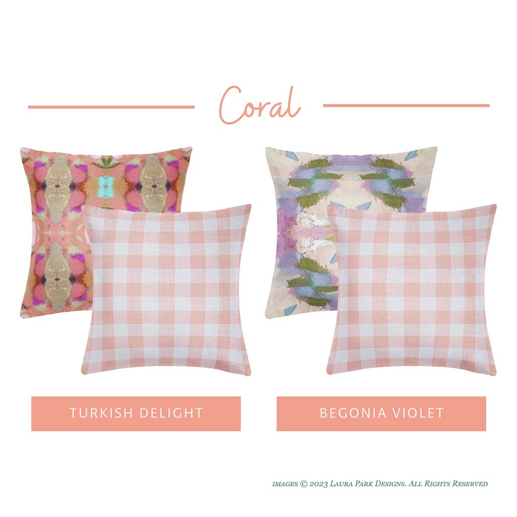 Gingham Coral pillows with complementary patterns