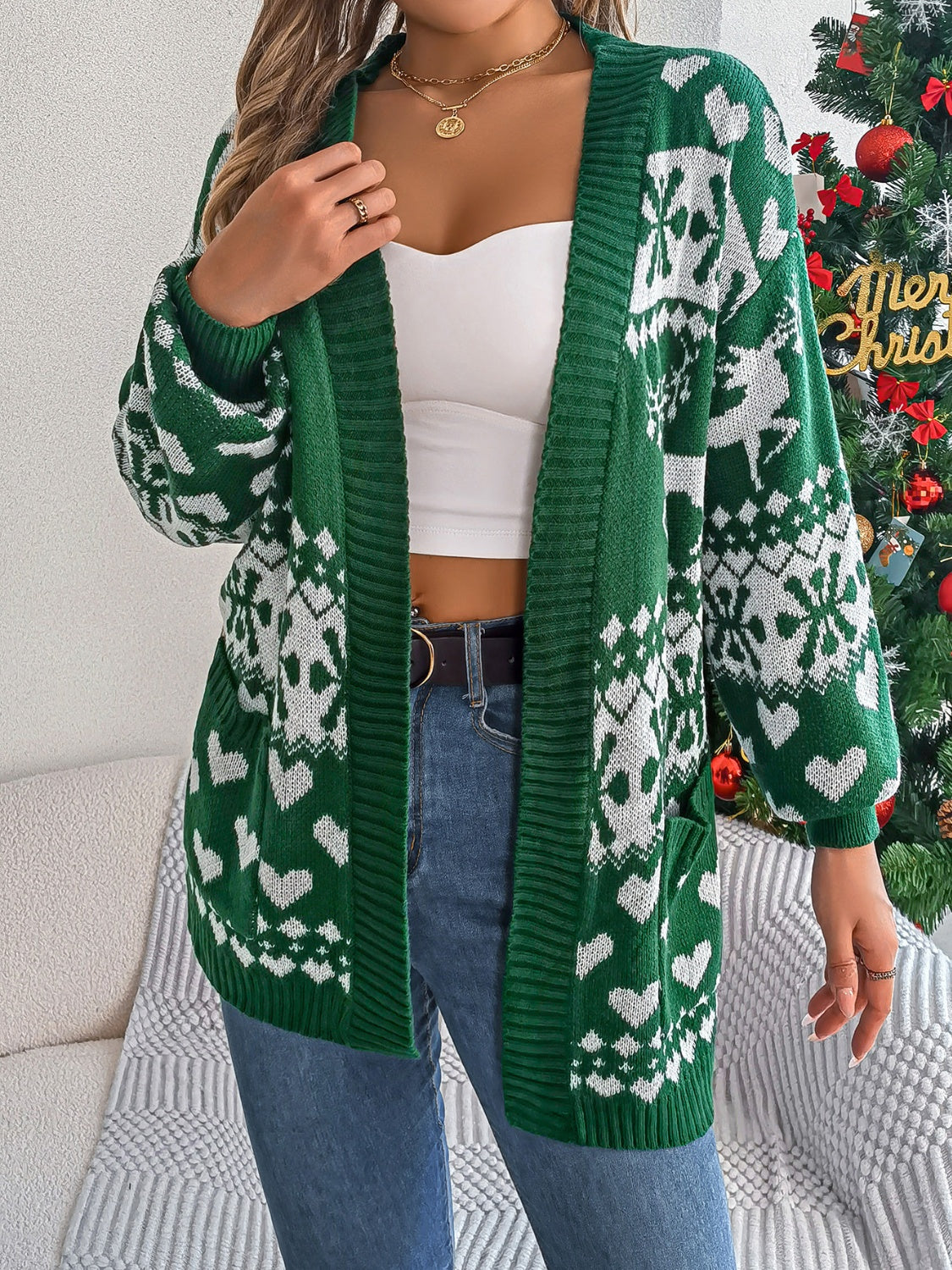 Pocketed Open Front Long Sleeve Cardigan in dark green
