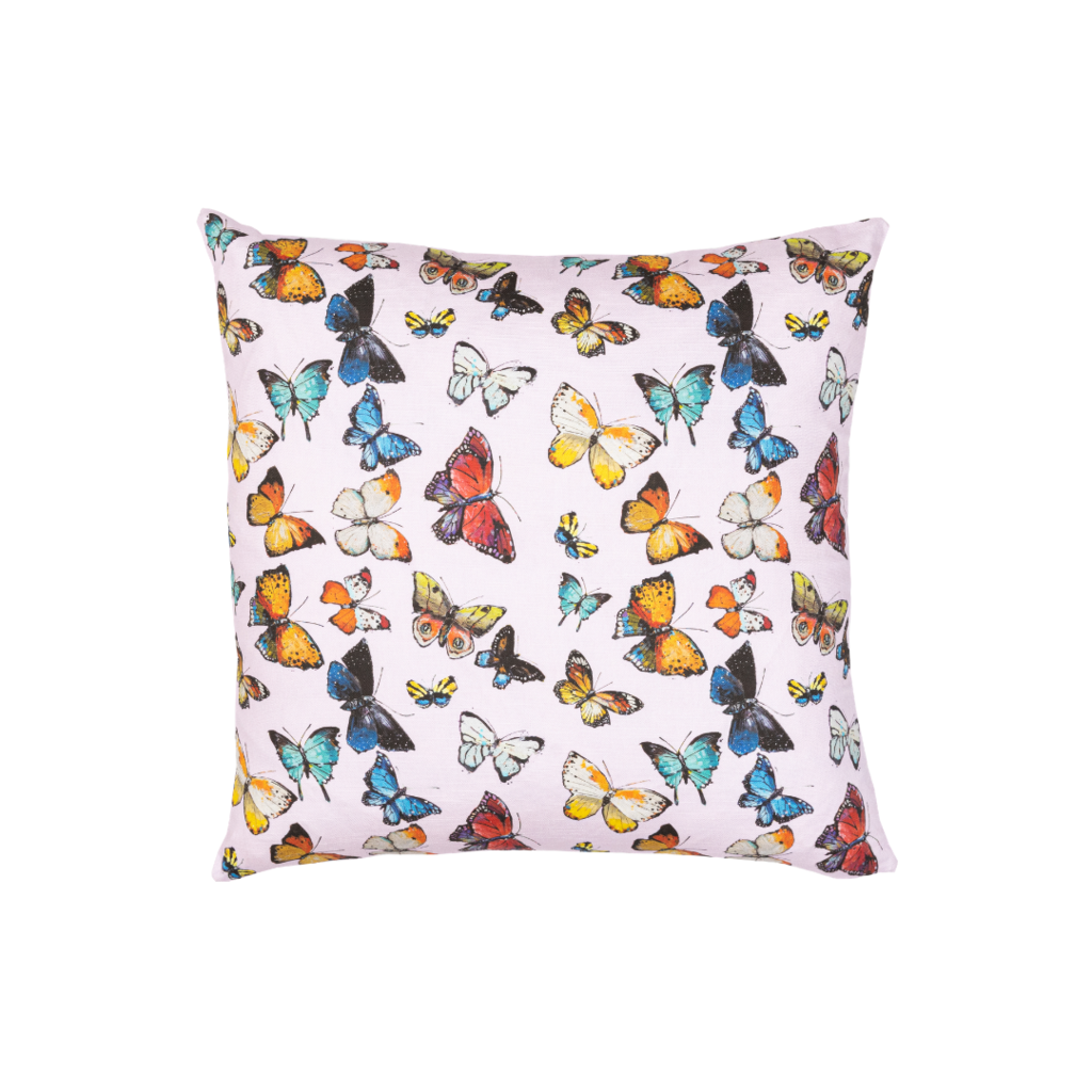 Butterflies Pink Linen Pillow with a variety of butterflies on a pink background, square sofa pillow