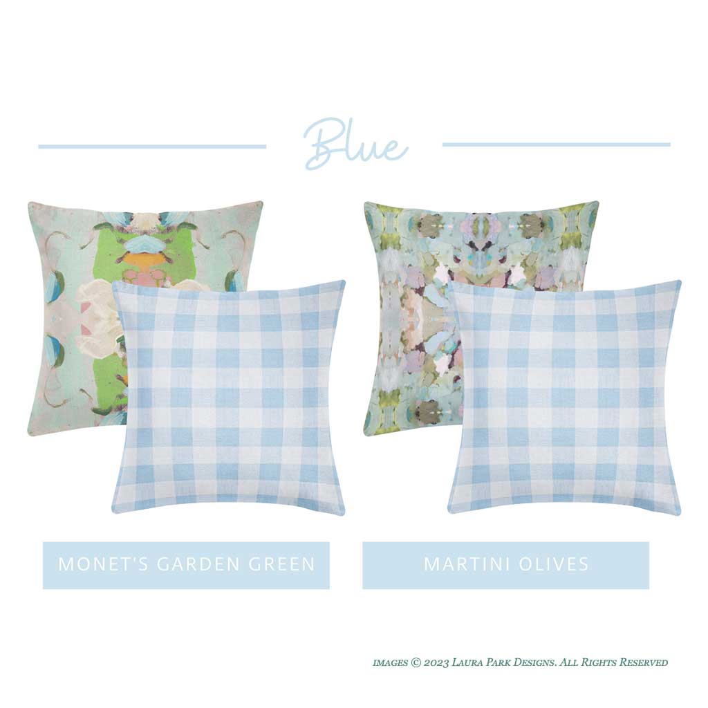 Gingham Blue pillows with complementary patterns