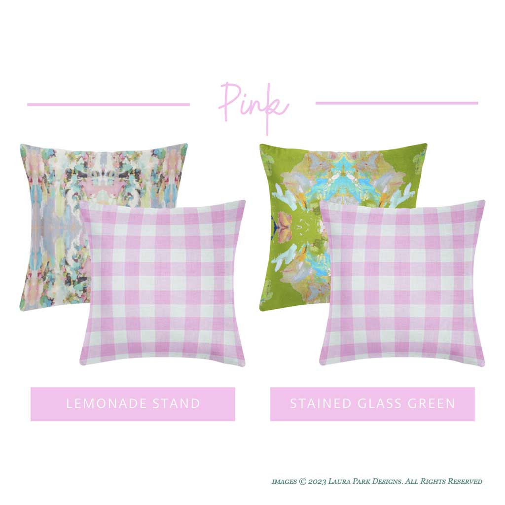 Gingham Pink pillows with complementary patterns