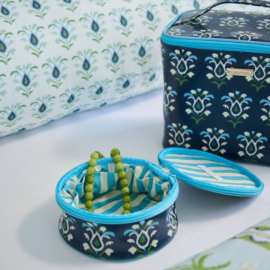 Rosemary Indigo Round Jewelry Case with rich shades of blue and thoughtful detail