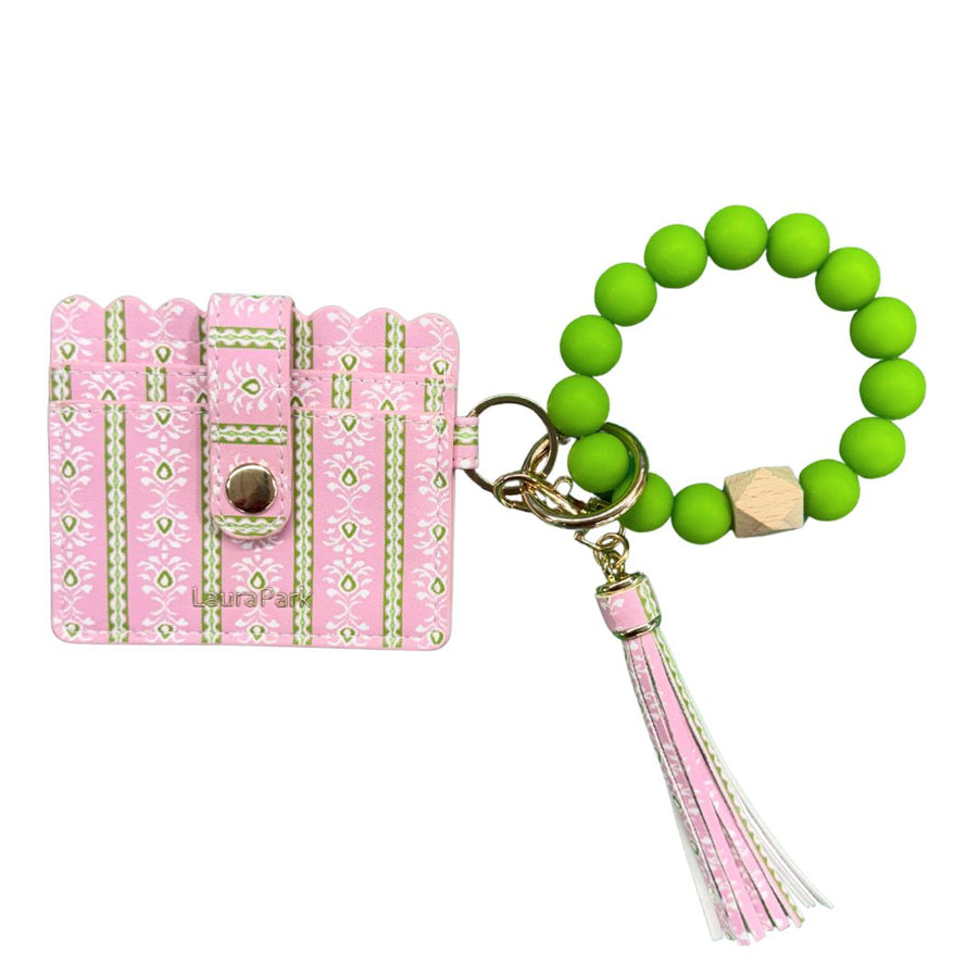 Rosemary Stripe Pink Wristlet Wallet with bright green bead wrist loop