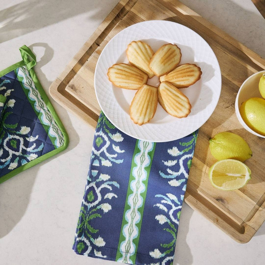 Rosemary Stripe Indigo Tea Towel has deep indigo blue with green and white patterns