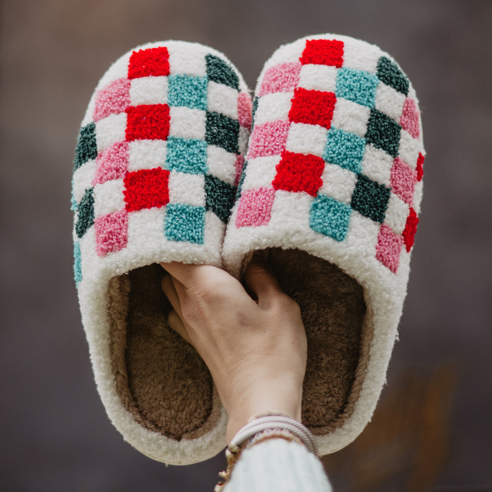 Christmas Multicolored Checkered Fuzzy Slippers