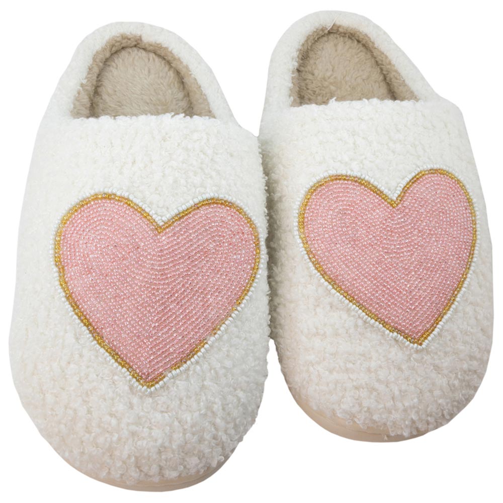 Beaded Pink And Gold Heart Fuzzy Slippers