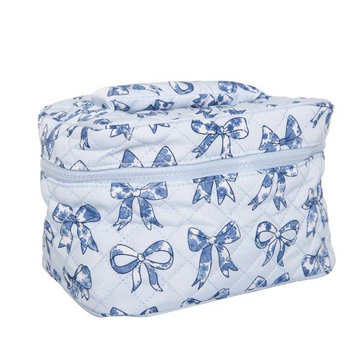Light Blue Toile Coquette Bows Makeup Bag