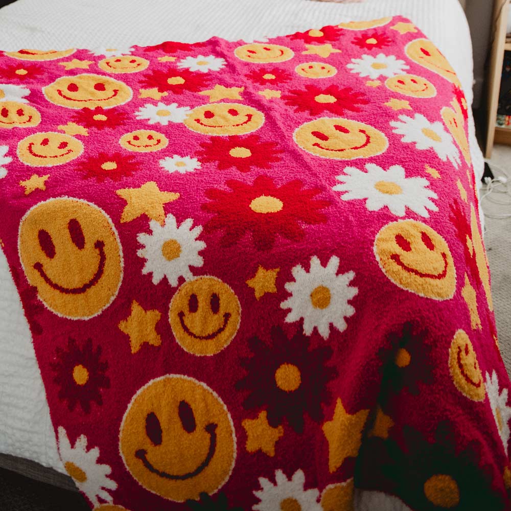 Red Flower Happy Face Couch Throw Blanket