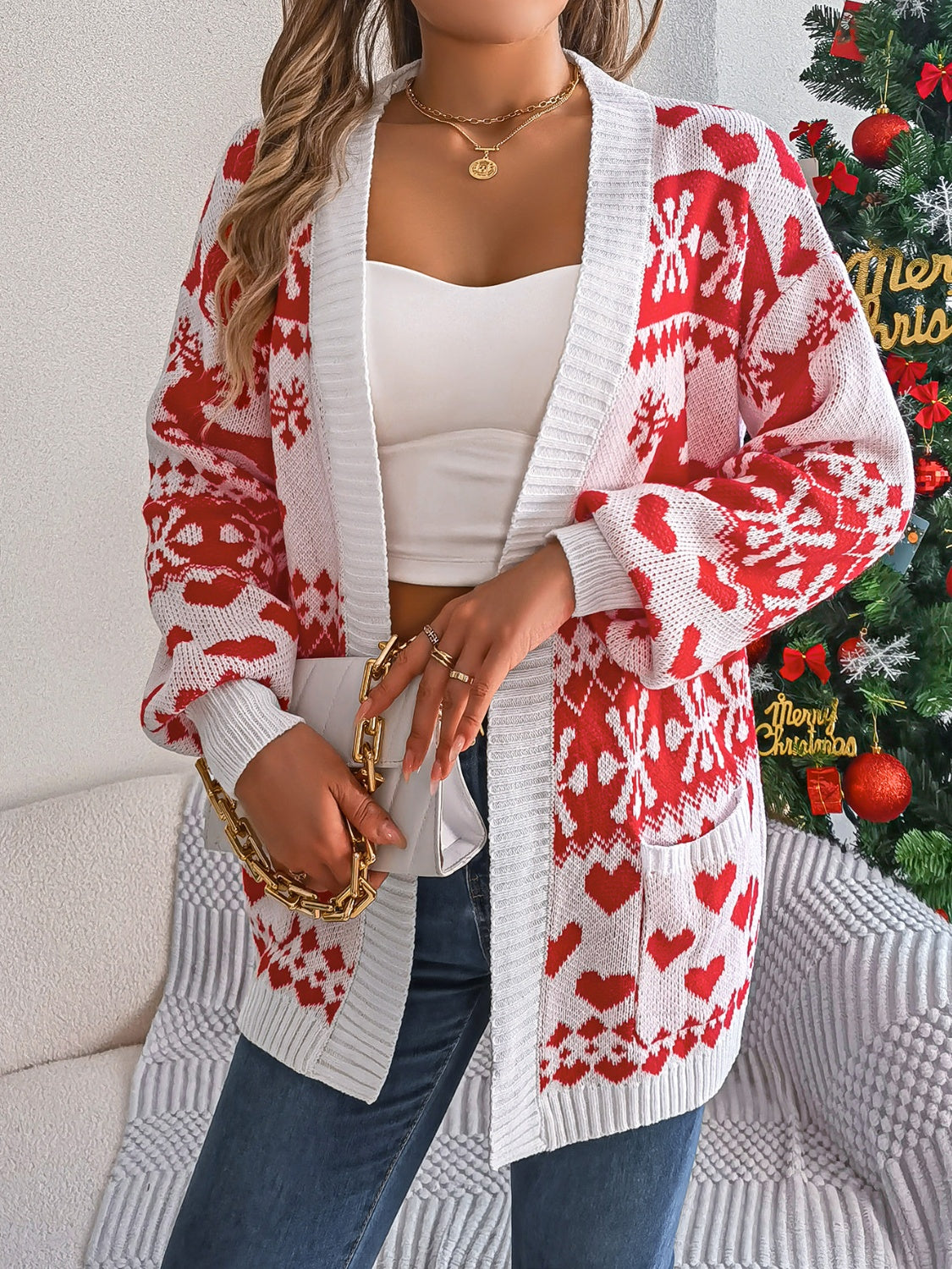 Pocketed Open Front Long Sleeve Cardigan in white