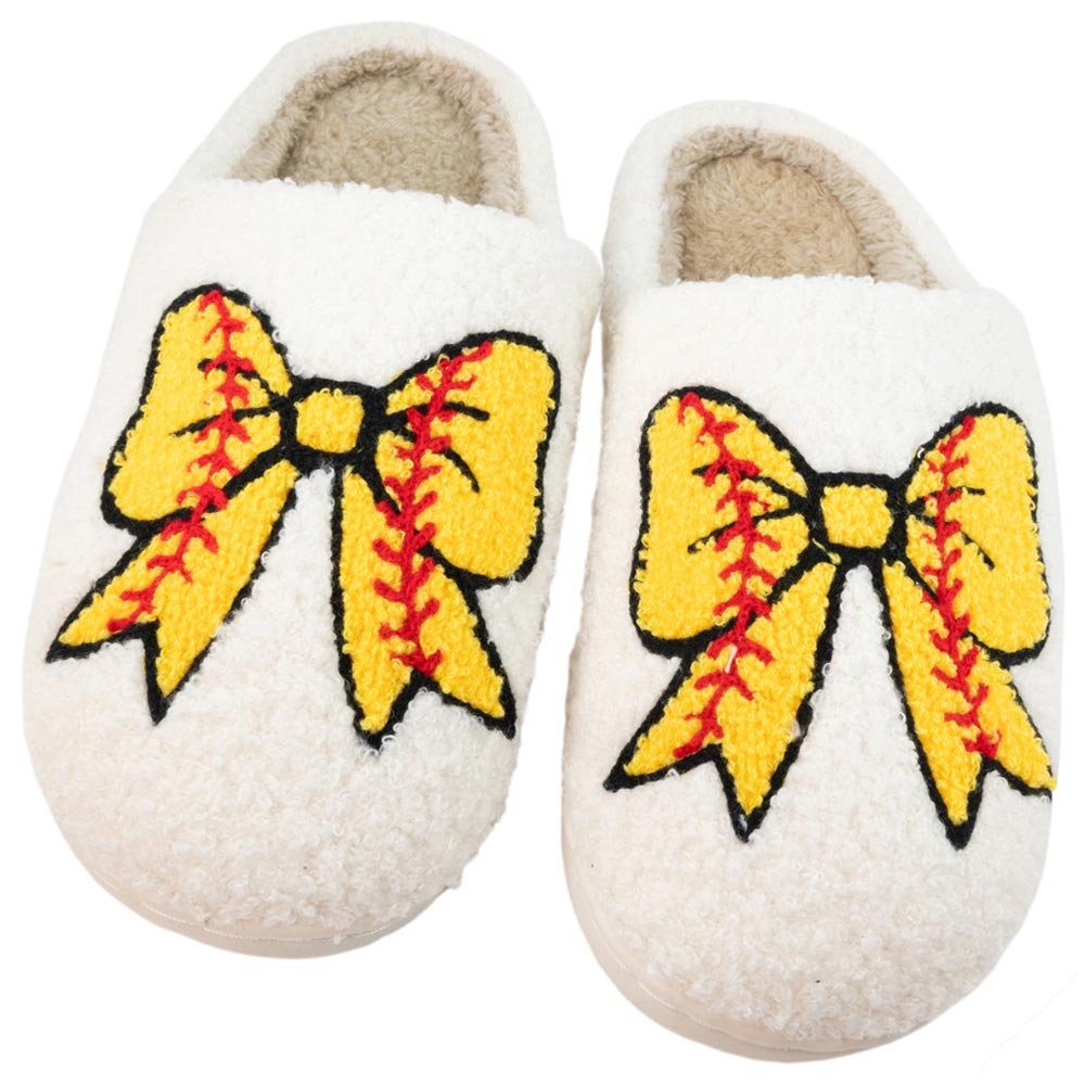 Softball Bow Fuzzy Slippers