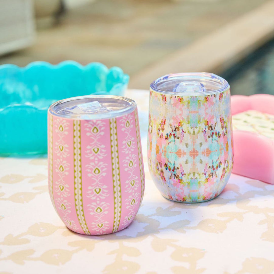 Rosemary Stripe Wine Tumbler in pinks and greens with plastic lid