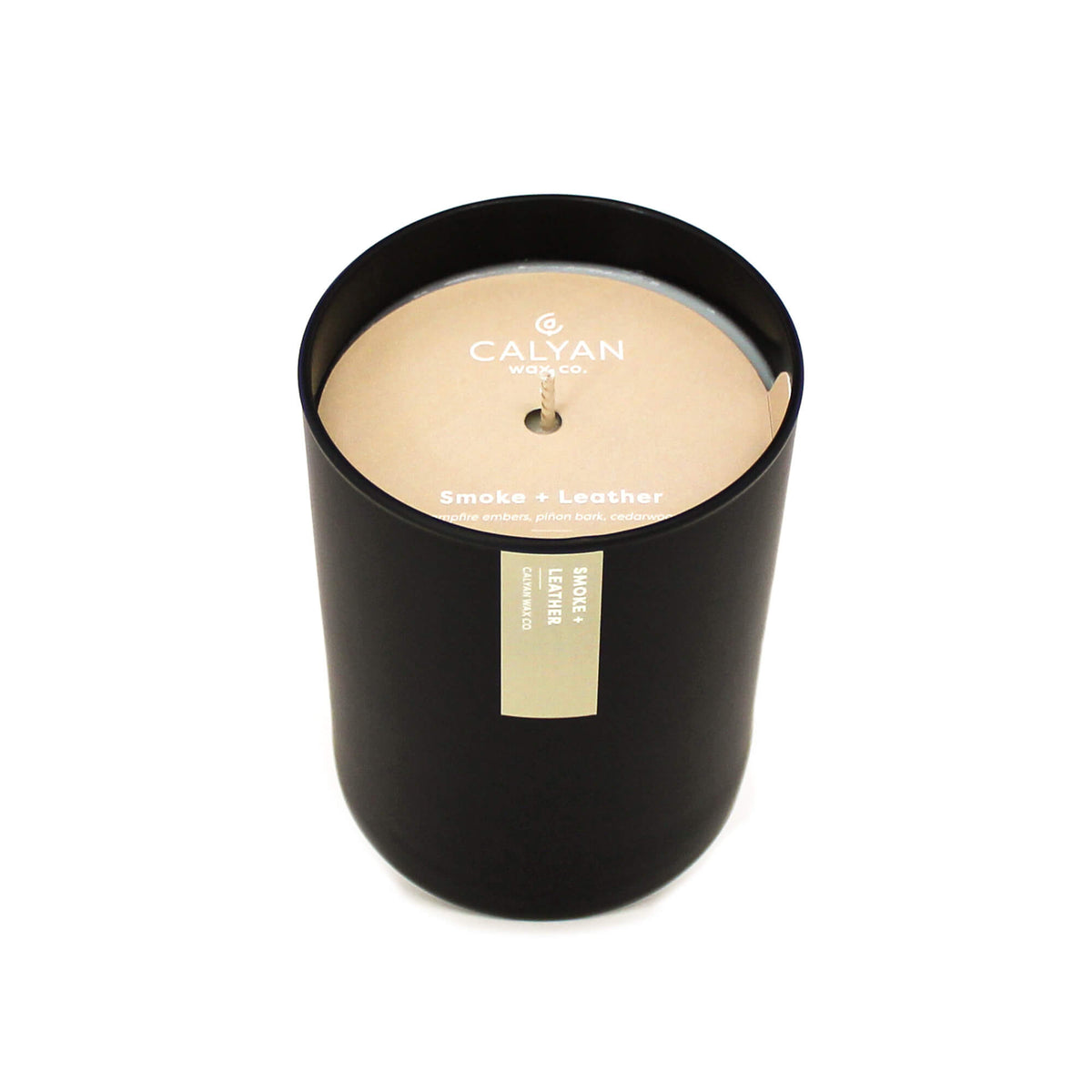 Black matte glass tumbler candle Smoke + Leather fragrance from Calyan Wax Company