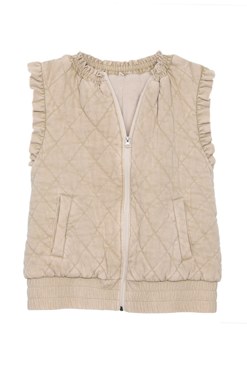 Garment Washed Quilted Ruffle Sleeve Vest - Beige