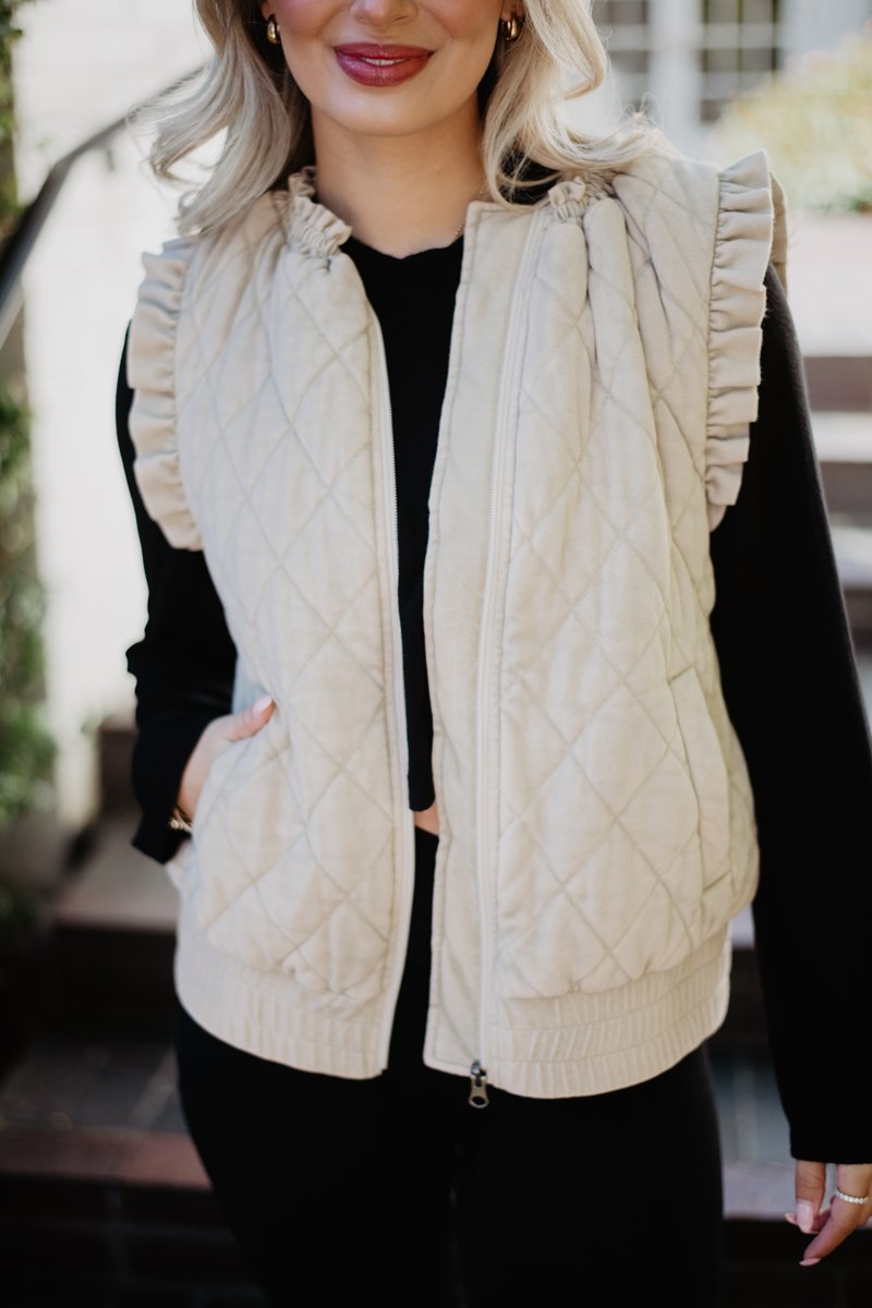 Garment Washed Quilted Ruffle Sleeve Vest - Beige