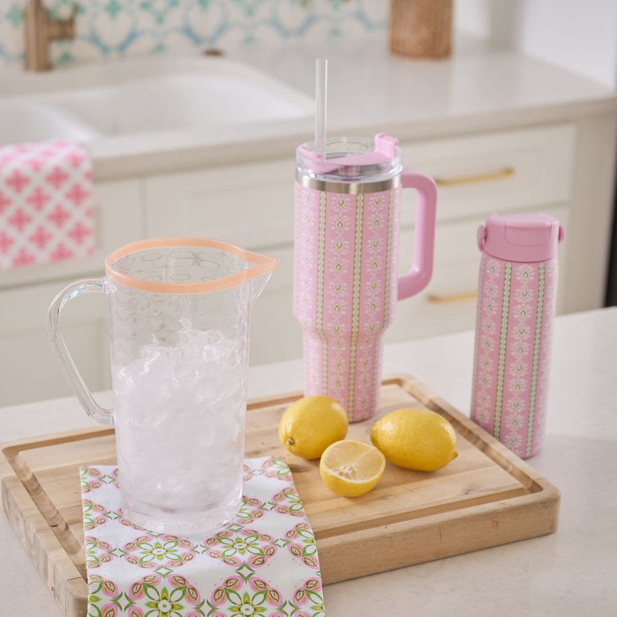 Rosemary Stripe Pink 24 oz Water Bottle in pinks and greens has screw top lid