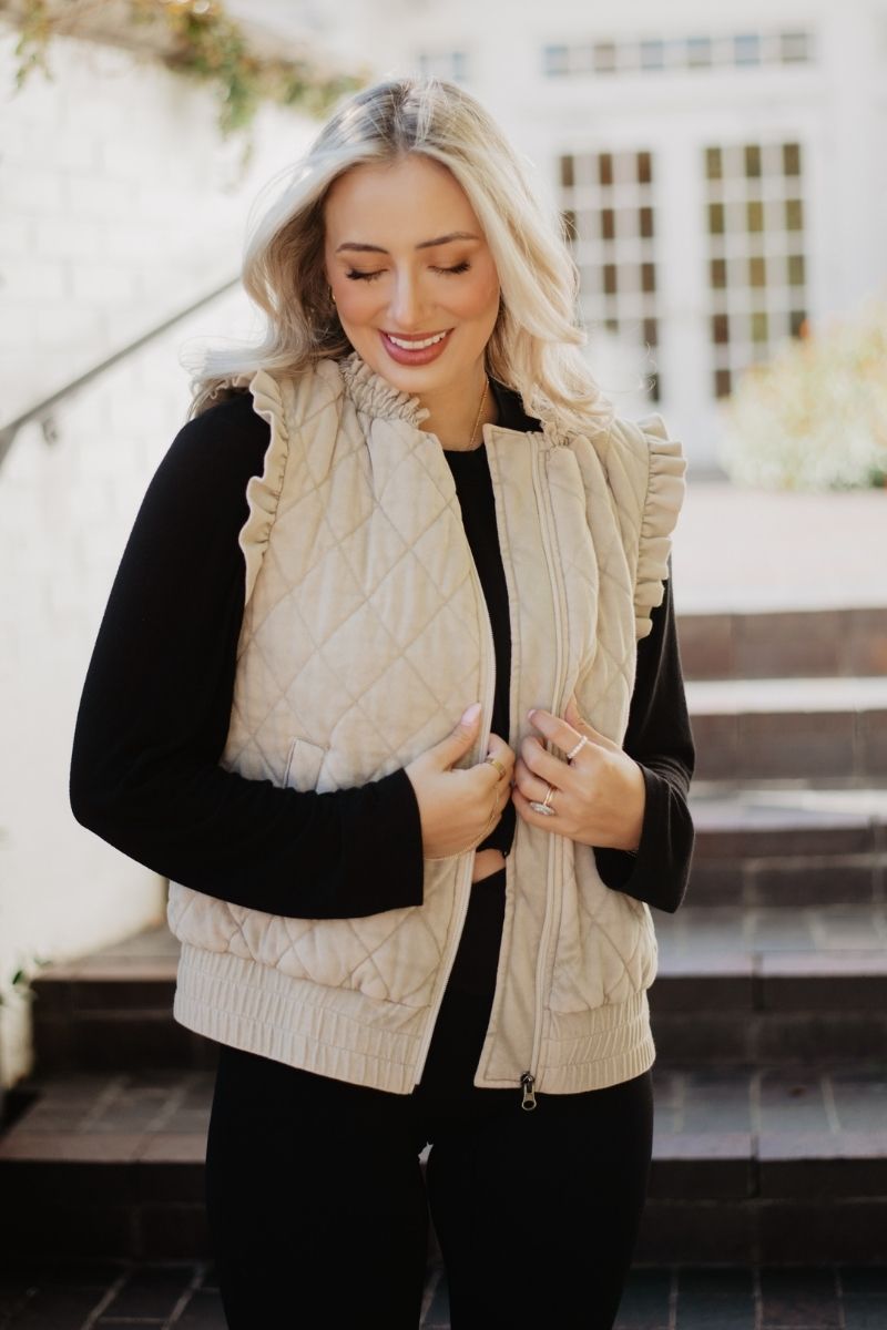 Garment Washed Quilted Ruffle Sleeve Vest - Beige