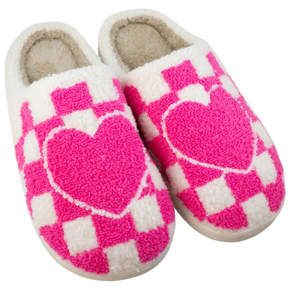 Hot Pink Heart Checker Fuzzy Slippers