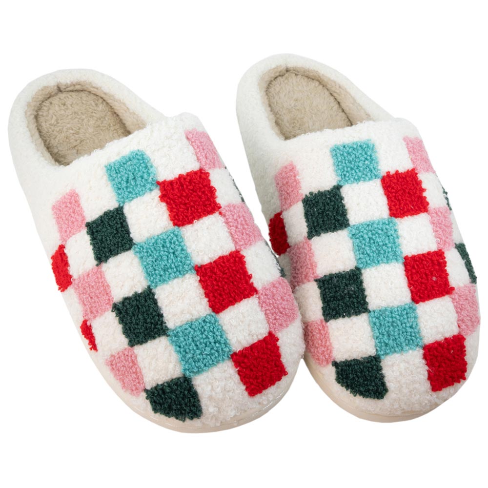 Christmas Multicolored Checkered Fuzzy Slippers