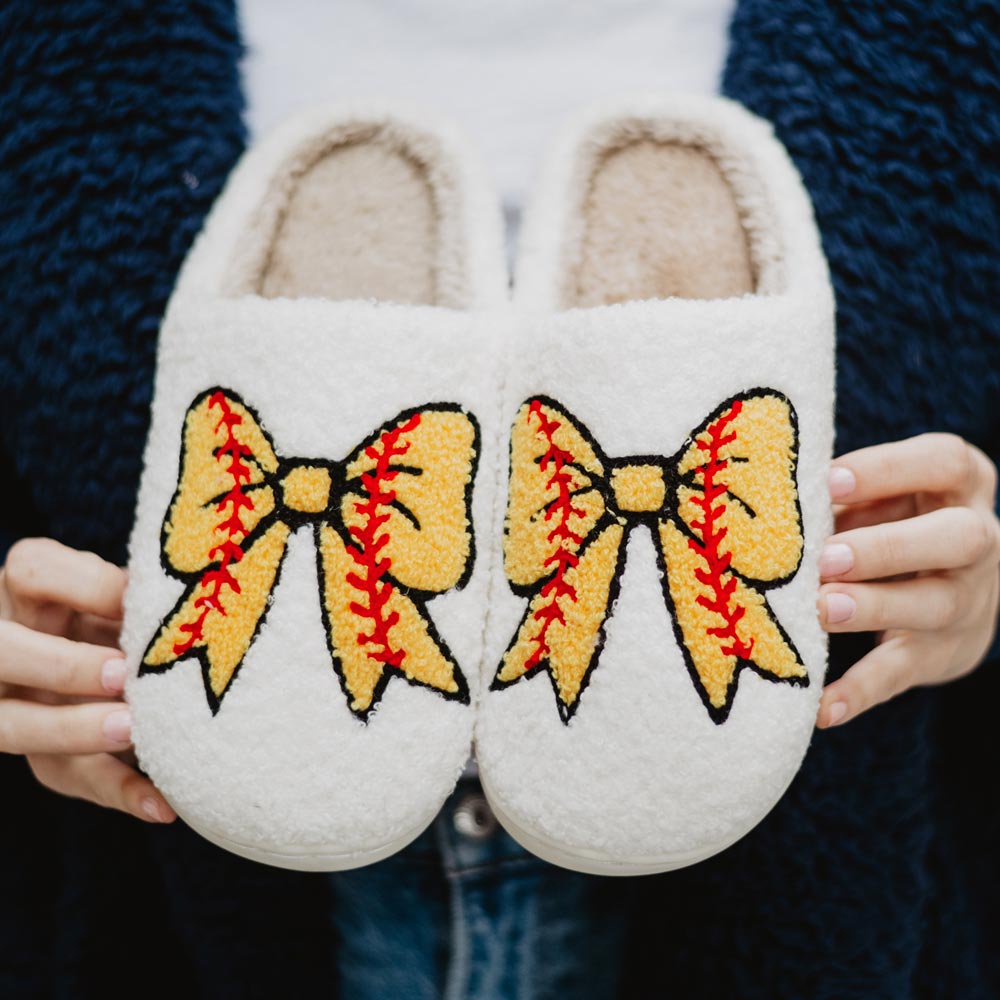 Softball Bow Fuzzy Slippers