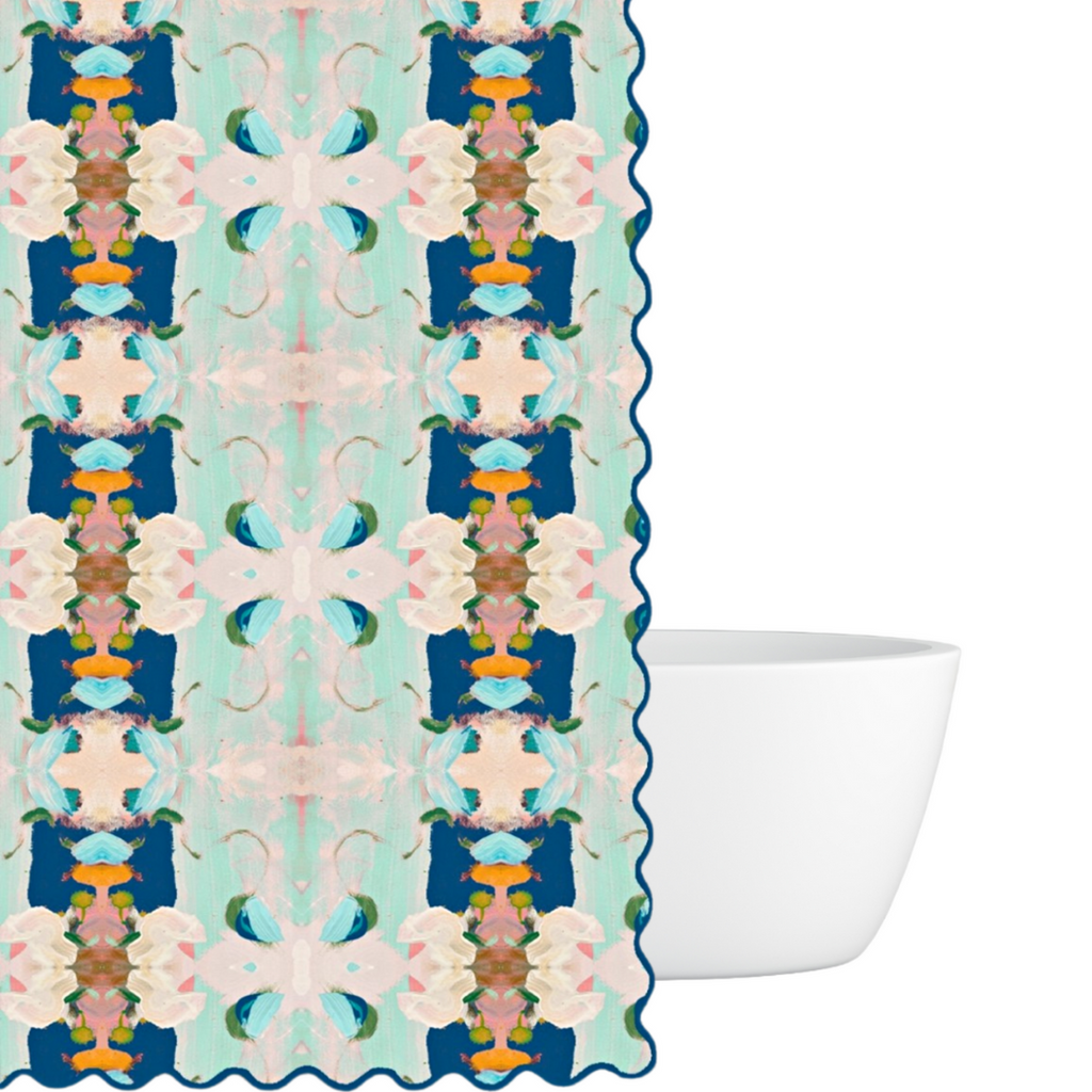 Monet&#39;s Garden Navy Scalloped Shower Curtain adds color and style to your bath