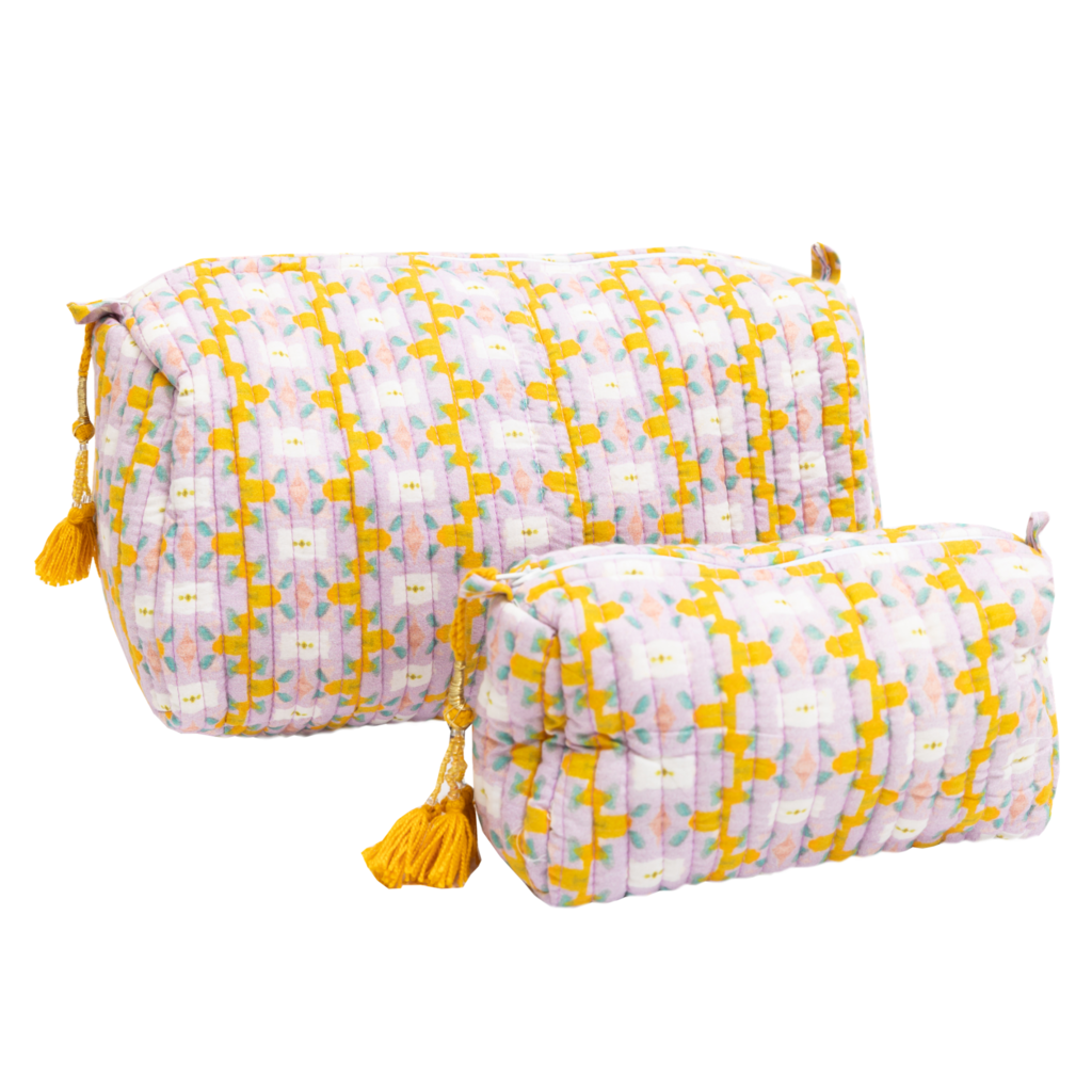 Chloe Lavender Quilted Cosmetic Bag from Laura Park Designs in yellows and lavender, small size