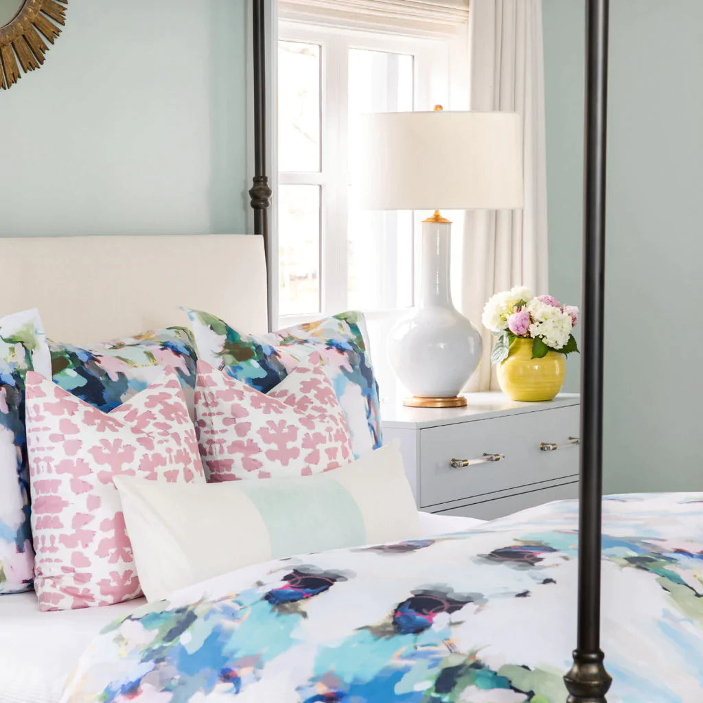 Chintz Rose Throw Pillow in bedroom setting