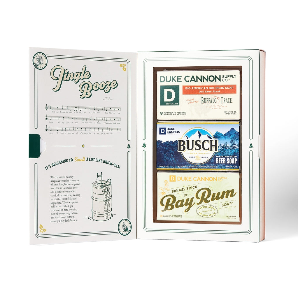 Jingle Booze Holiday Book 2023 with 3 - 10 oz. bar soaps