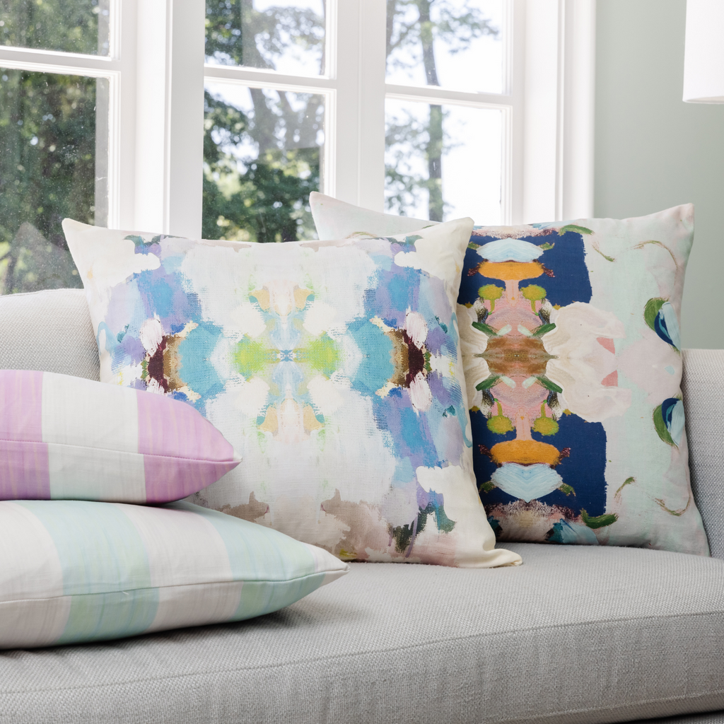 Monet&#39;s Garden Navy Linen Throw Pillow in sofa display