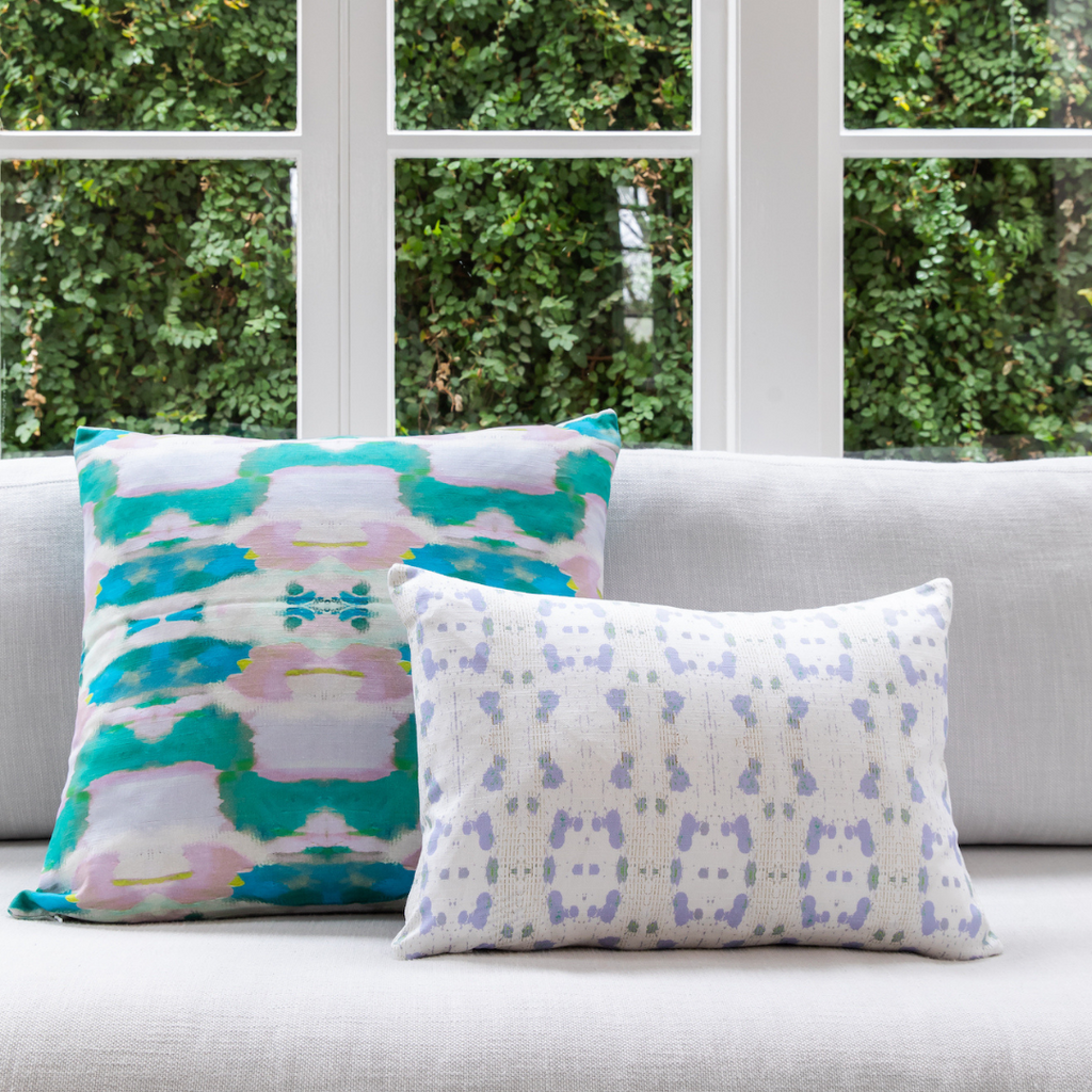 Flower Child Emerald Linen Pillow in sofa display