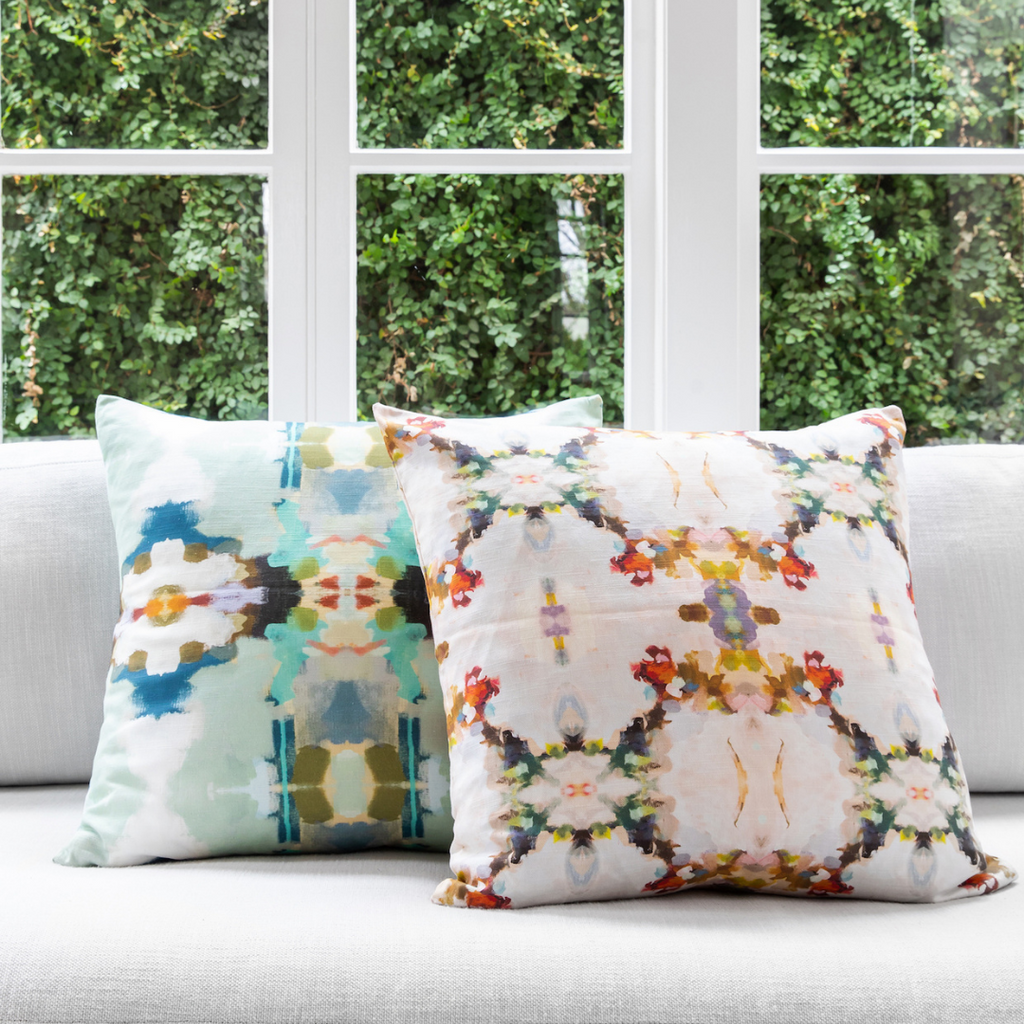 Orchid Blossom Royal Blue Throw Pillow sofa display