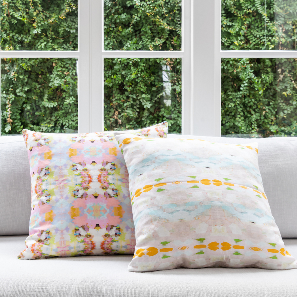 Flower Child Orange Linen Pillow in sofa display