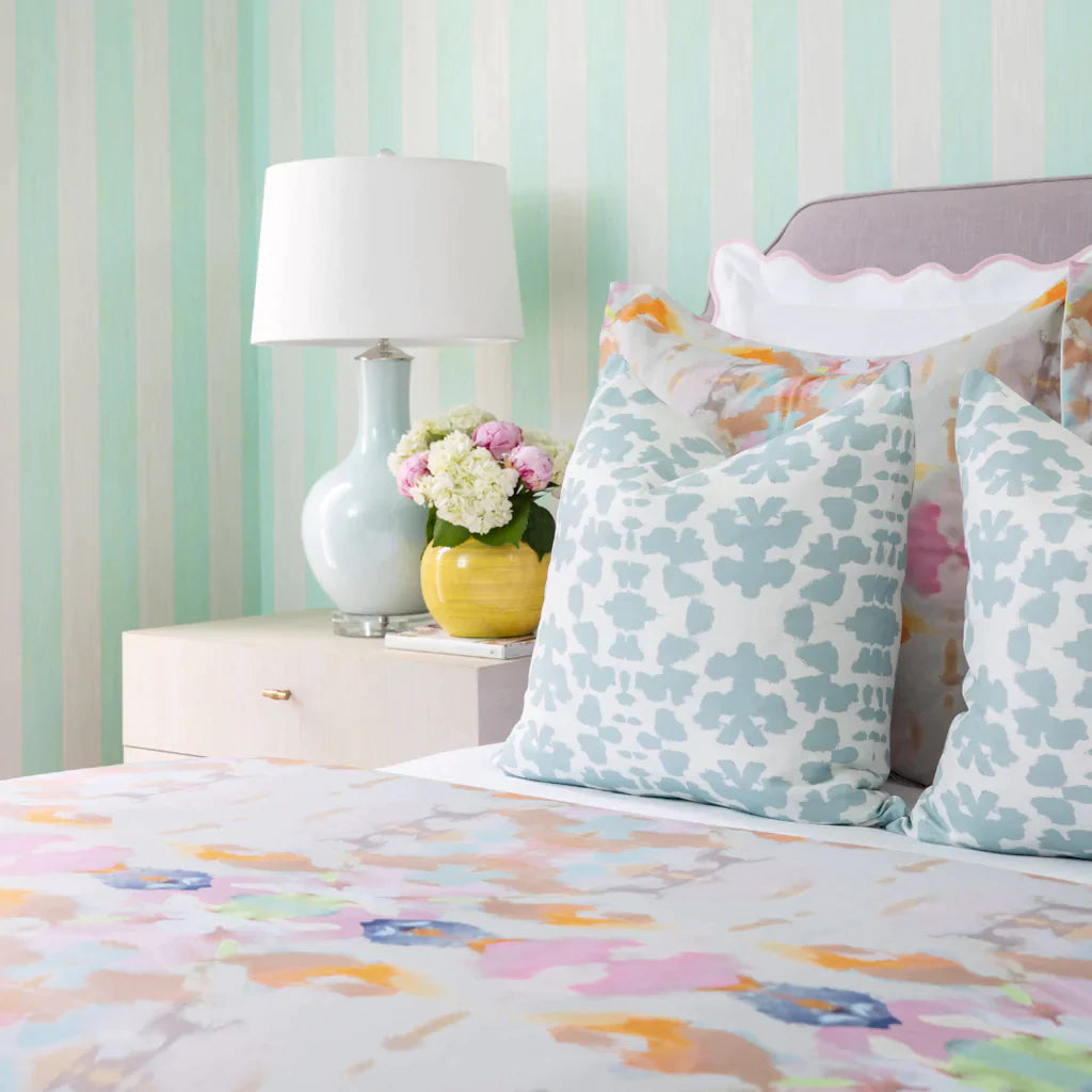 Chintz Mist Throw Pillow in bedroom setting