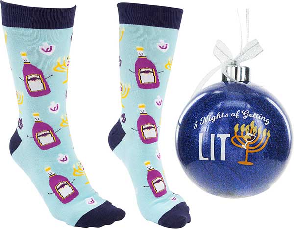 8 Nights Getting Lit socks and Hanukkah ornament