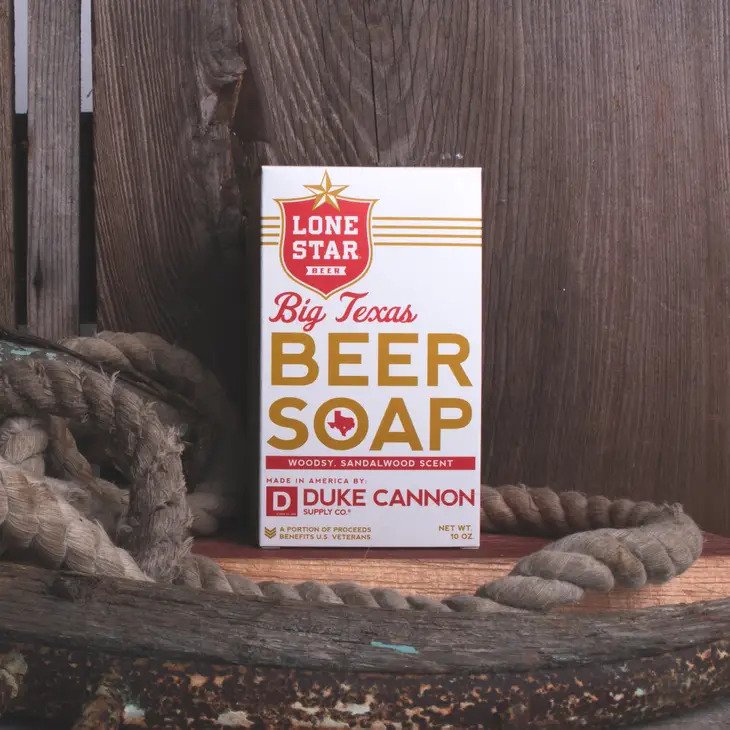 Big Texas Beer Soap 10 ounce bar soap leaning against package