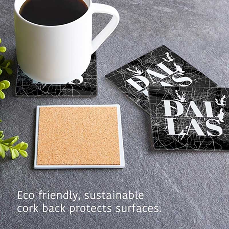 Dallas Map Square Glass Coaster Set with cork back