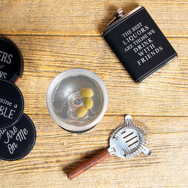 Don&#39;t Strain Bar Strainer in stainless steel and vegan leather bar setting