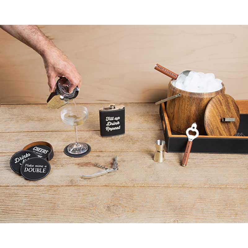 Don&#39;t Strain Bar Strainer in stainless steel and vegan leather lifestyle image