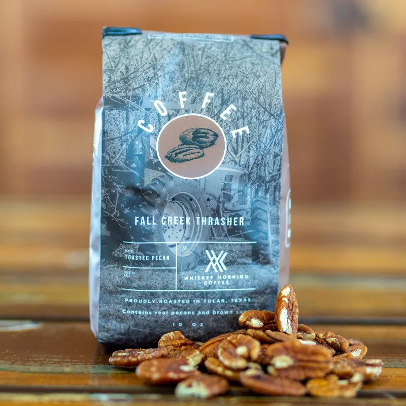 Fall Creek Thrasher Coffee is blended with real pecan chunks and brown sugar