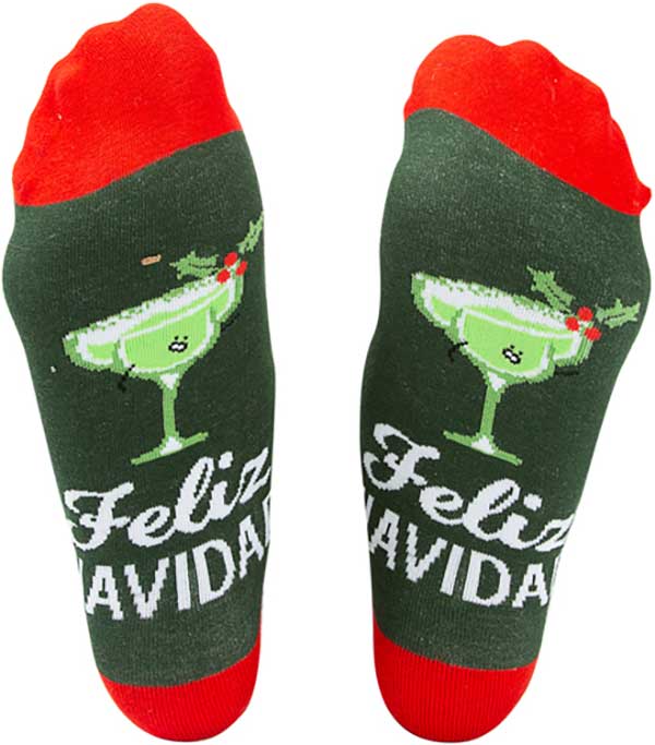 Feliz Navidad Christmas socks and ornament with margarita glasses on socks