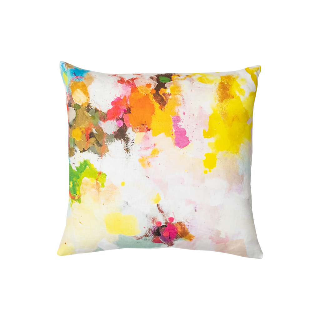 Flower Child linen pillow in vivid colors from Laura Park Designs. Square sofa pillow