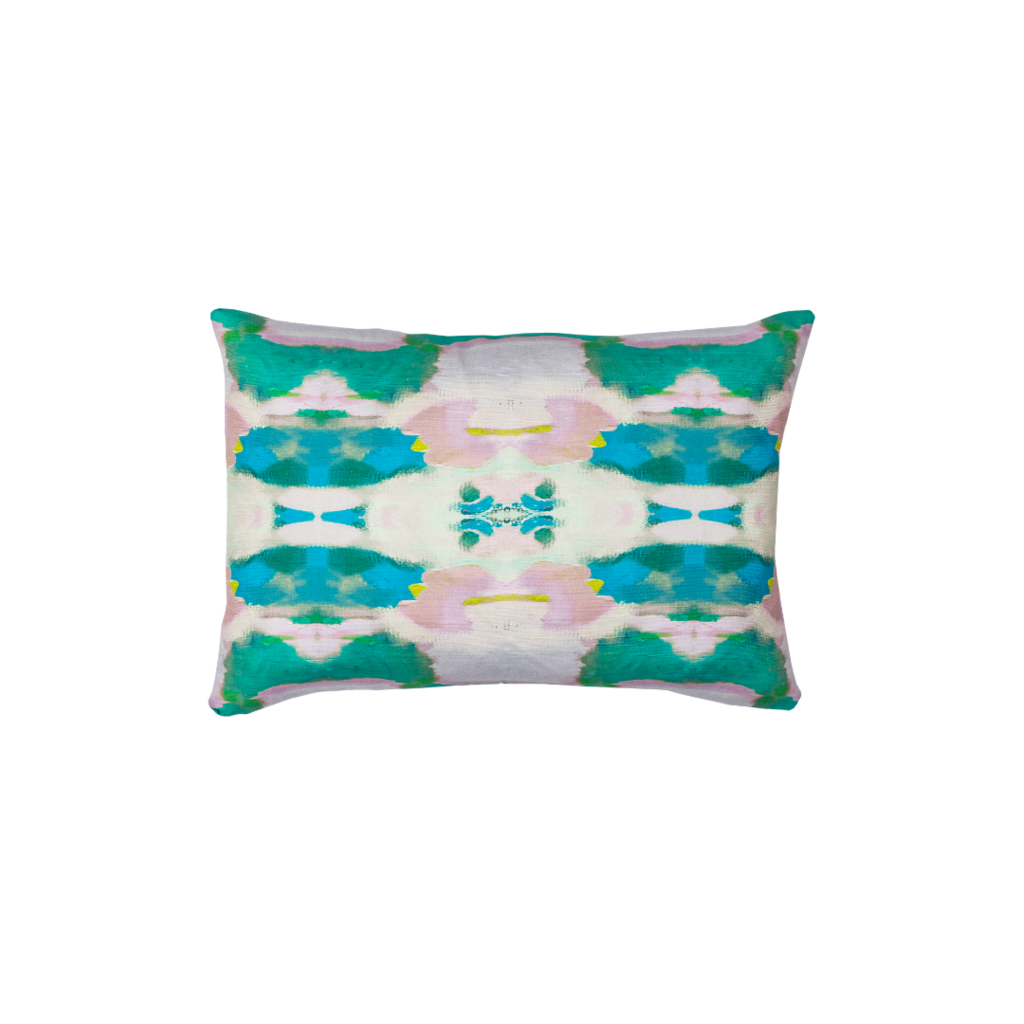 Flower child emerald linen pillow in bold greens from Laura Park Designs. Square sofa pillow
