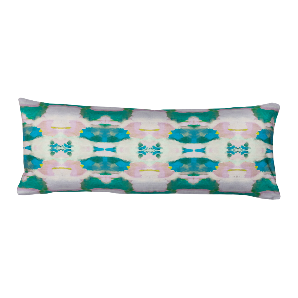 Flower child emerald linen pillow in bold greens and blues from Laura Park Designs. Bolster pillow