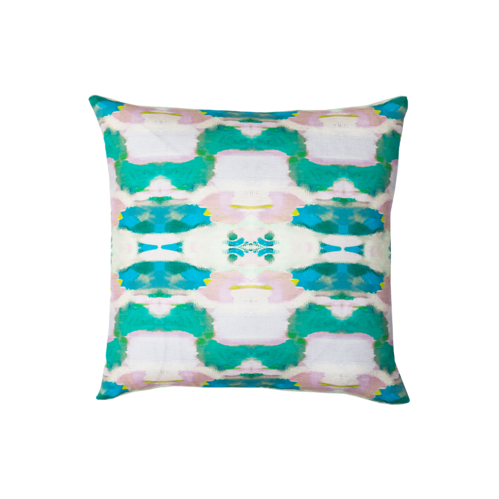 Flower child emerald linen pillow in bold greens from Laura Park Designs. Square sofa pillow