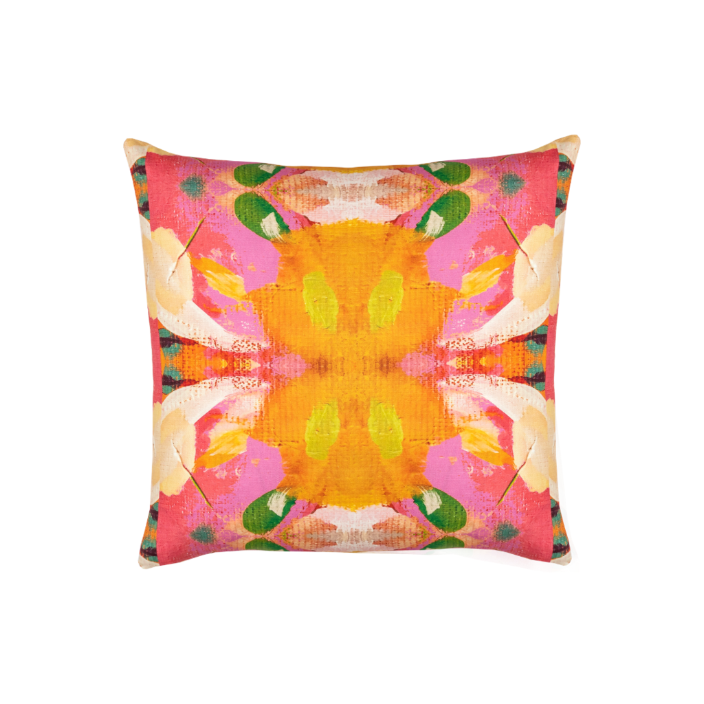 Flower child marigold linen pillow in vivid colors from Laura Park Designs. Square sofa pillow
