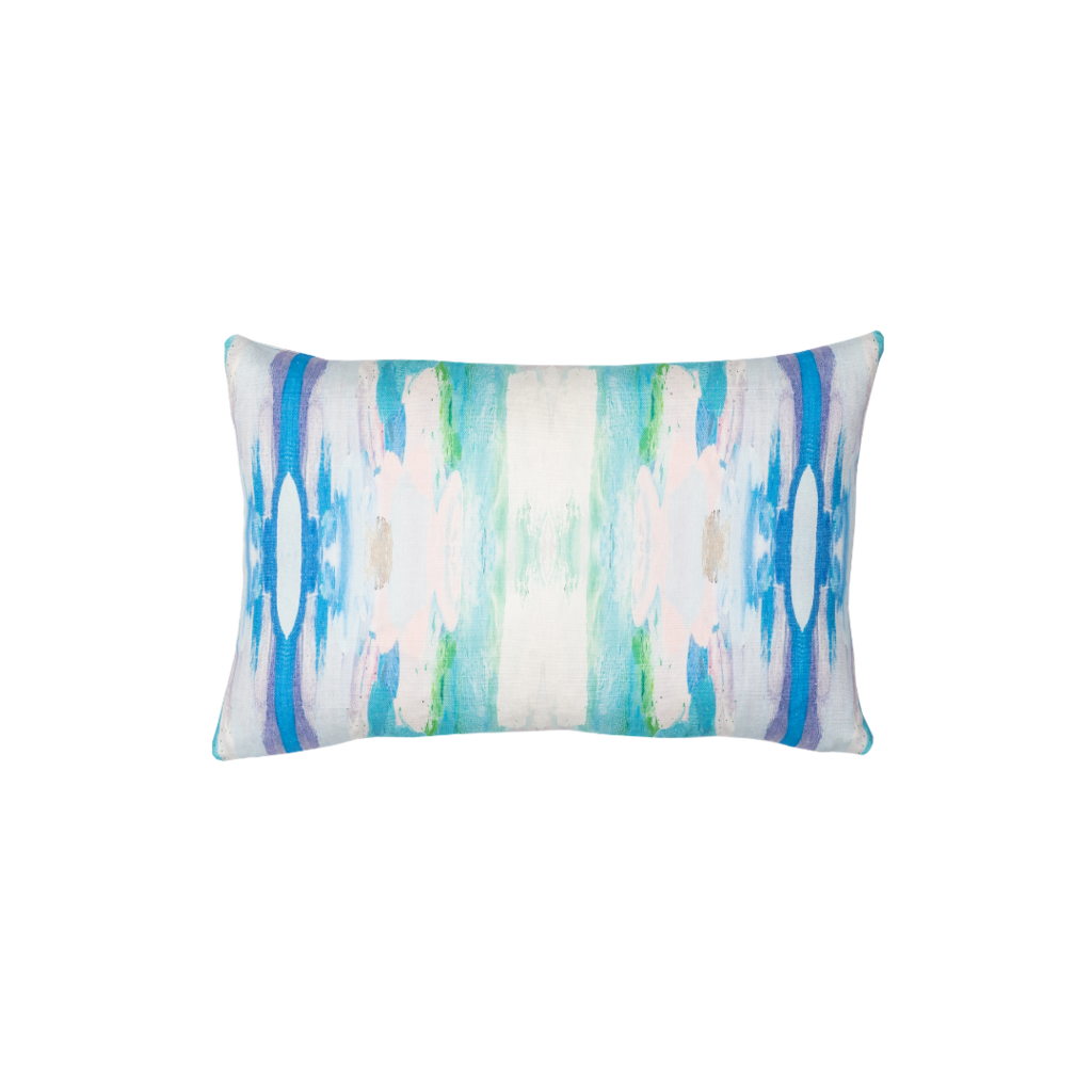 Flower Child teal linen pillow with vivid blues from Laura Park Designs. Square sofa pillow