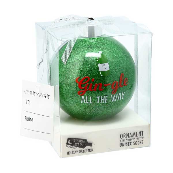 Gin-Gle Holiday Socks and ornament gift set green socks and ornament package