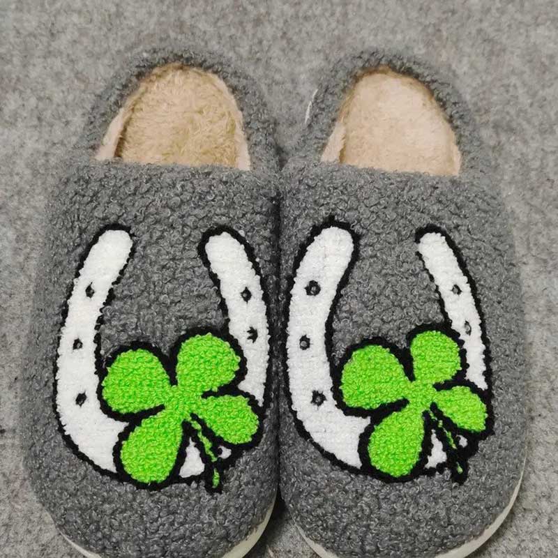 Good Luck Slippers with white horsehoe and green cloverleaf pattern