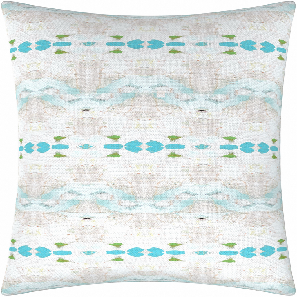 Flower Child Blue linen pillow with shades of blue from Laura Park Designs. Square throw pillow 26&quot;
