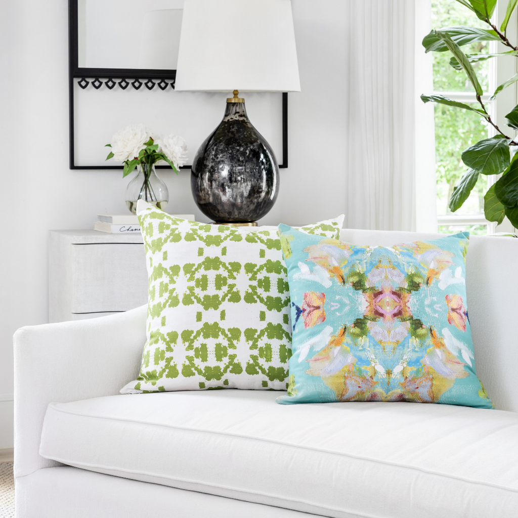 Stained Glass Turquoise Linen Throw Pillow shwon with Mosaic Green