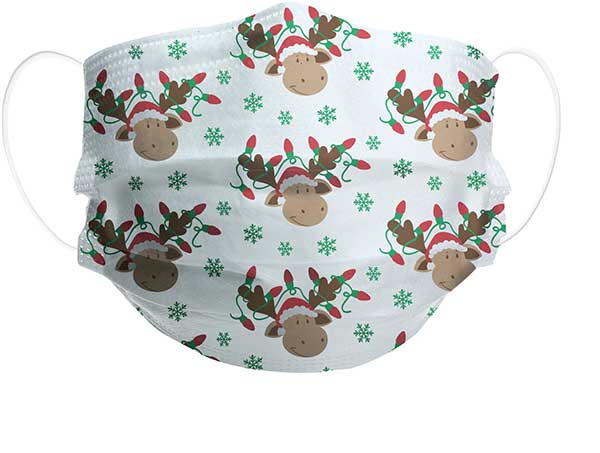 Holiday Moose kid's mask with moose wearing Santa cap and string of lights in antlers